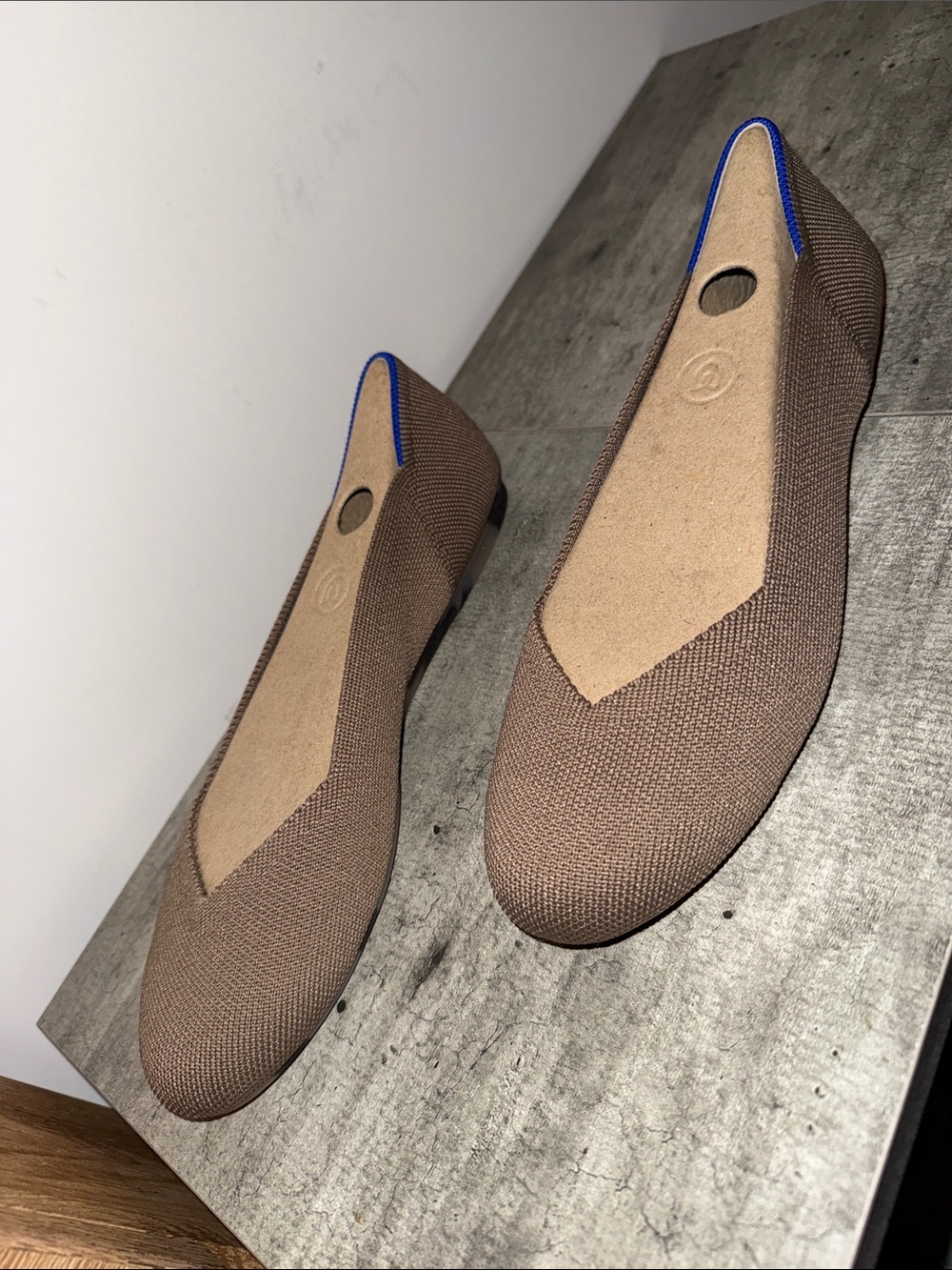 Rothy's Brown Knit Pointed Toe Flats with Blue Trim - Picture 4 of 4